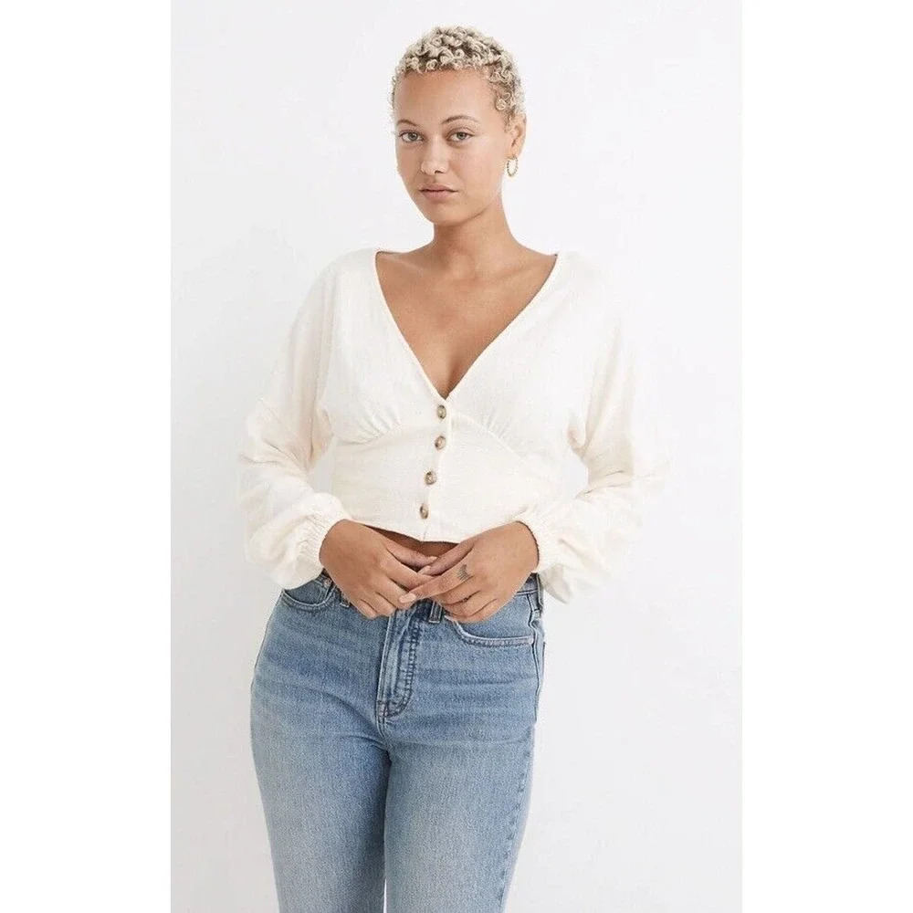 MADEWELL Women's Cream Deep-V Button-Front Crop Top Size M